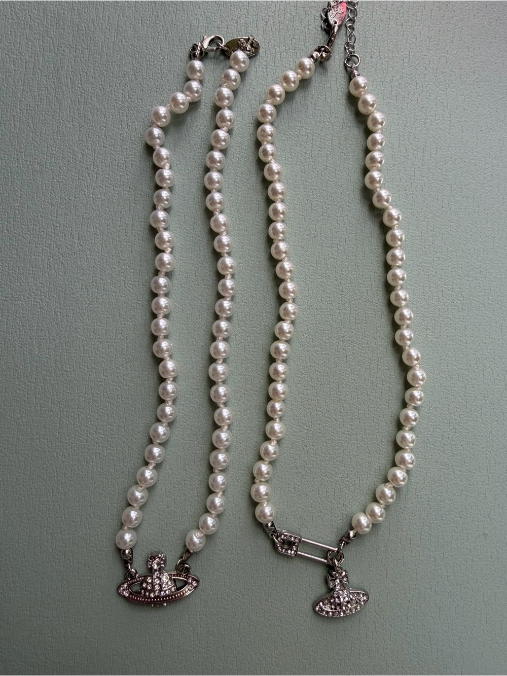 2 Faux Pearl Orb Pendant Necklaces Silver Tone 15” & 18” Layering Set